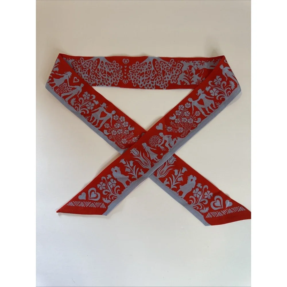 Seidenmann Swiss Silk Scarf - Red & Blue Folk Art Cow & Rooster Motif‎ Twilly
